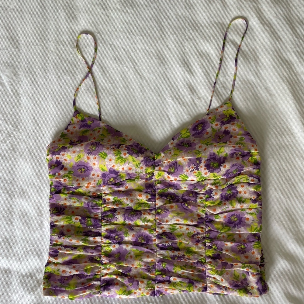 Zara Purple and Yellow Floral Ruched Crop Camisole Sleeveless Top